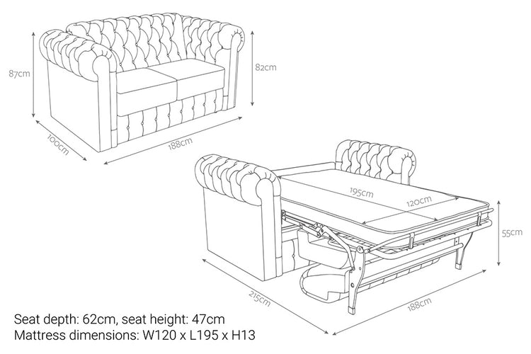 Jay-Be Chesterfield 2 Seater Sofa Bed with Deep e-Sprung™ Mattress Dimensions-Better Bed Company