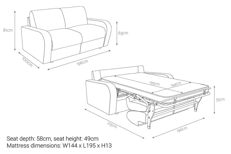 Jay-Be Deco 2 Seater Sofa Bed with Deep e-Sprung™ Mattress Dimensions-Better Bed Company