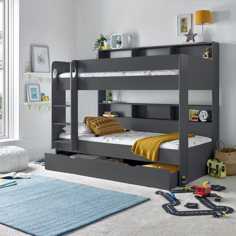 Oliver Bunk Bed With 2 Mattresses Bundle Onyx Grey With Drawer Open-Better Bed Company