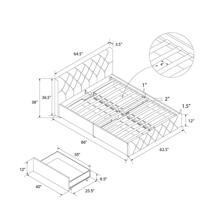 Dorel Home Dakota Bed with Storage Drawers PU Dimensions King-Better Bed Company