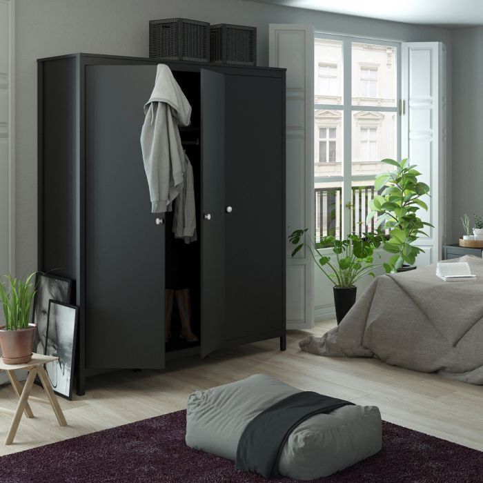 Furniture To Go Madrid Wardrobe with 3 Doors Black In Bedroom-Better Bed Company