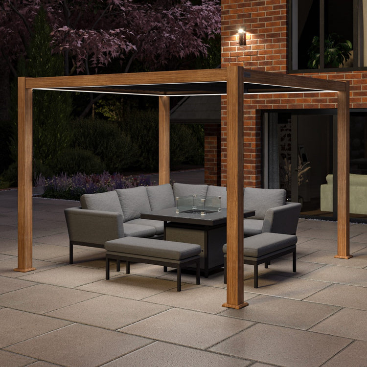 Maze Como Pergola Aluminium Square 3Mx3M / Wood Effect Frame Lights On-Better Bed Company