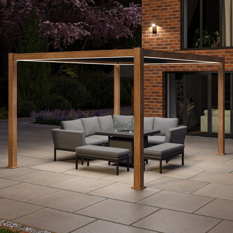 Maze Como Pergola Aluminium Rectangular 30x40 / Wood Effect Frame Lights On-Better Bed Company