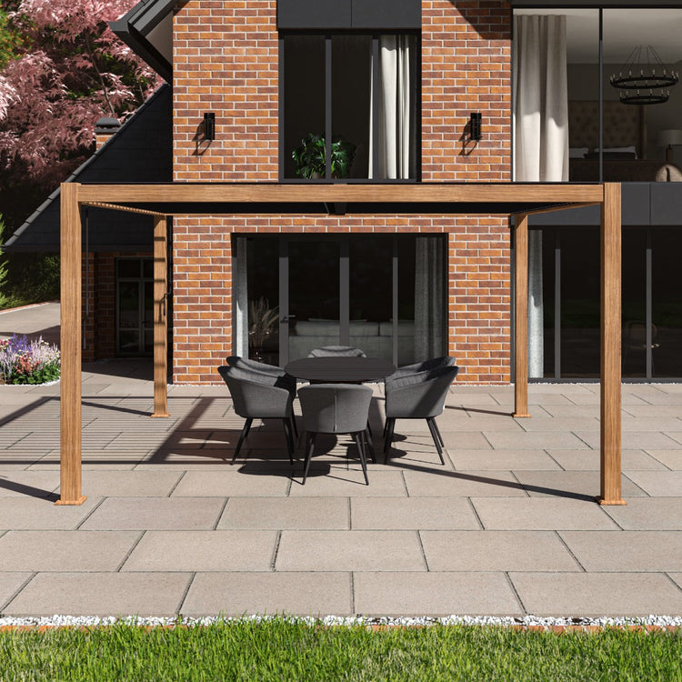 Maze Como Pergola Aluminium Square 4Mx4M / Wood Effect Frame From Front-Better Bed Company