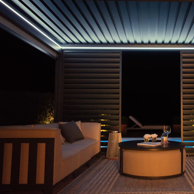 Maze Eden Pergola Aluminium Rectangular 3Mx4M Light Blue Lights On-Better Bed Company