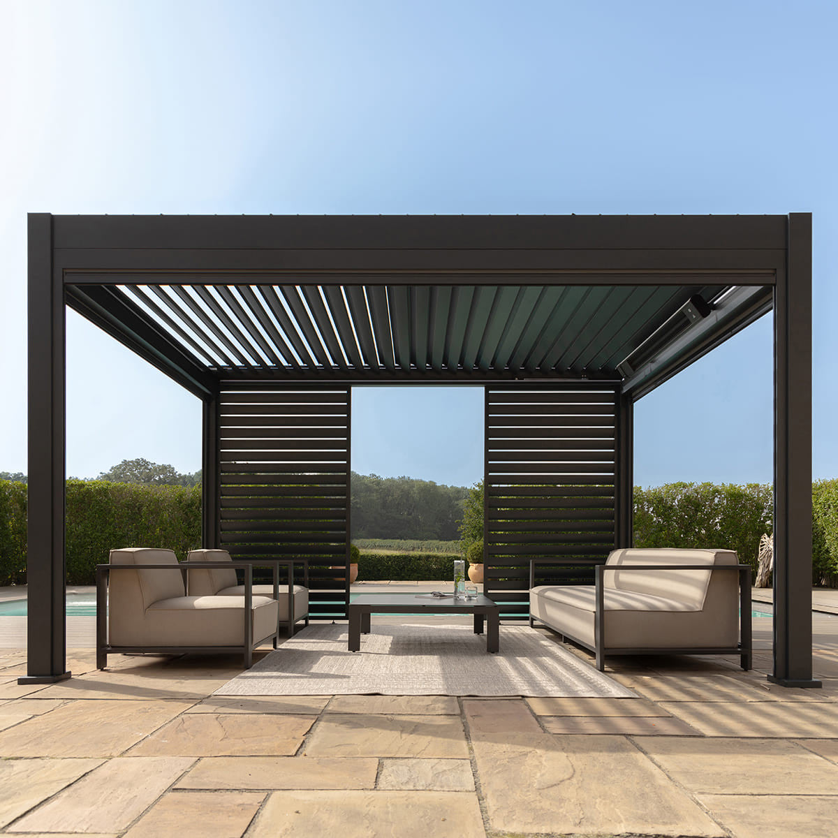 Maze Eden Pergola Aluminium Square 40x40 / Louvre Wall 4m / 3x Blinds From Front-Better Bed Company