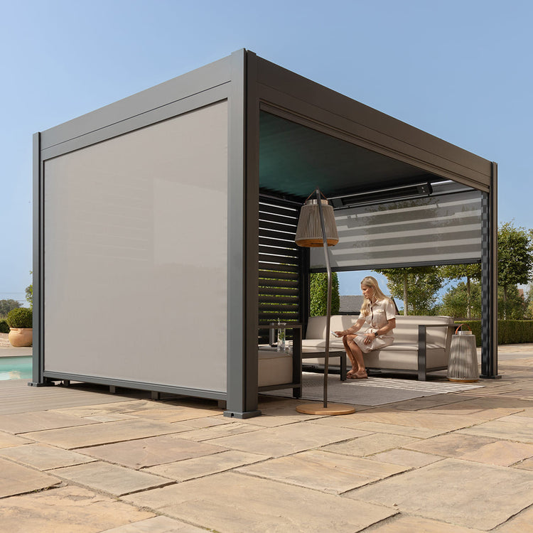 Maze Eden Pergola Aluminium Square 40x40 / Louvre Wall 4m / 3x Blinds With Blind Down-Better Bed Company