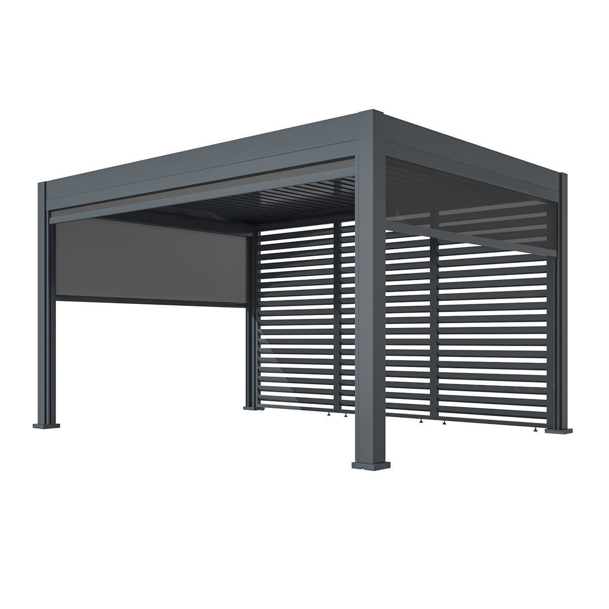 Maze Eden Pergola Aluminium Square 40x40 / Louvre Wall 4m / 3x Blinds White Background With Blinds Down-Better Bed Company