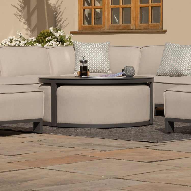 Maze Round Coffee Table With x3 Footstools With Sofa From Side-Better Bed Company