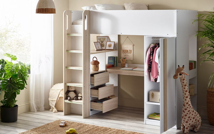 Julian Bowen Ocean Highsleeper - Pale Wood & White Drawers And Wardrobe Open-Better Bed Company