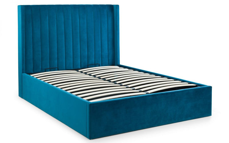 Julian Bowen Langham Scalloped Headboard Storage Bed Teal Slatted Base From Side-Better Bed Company