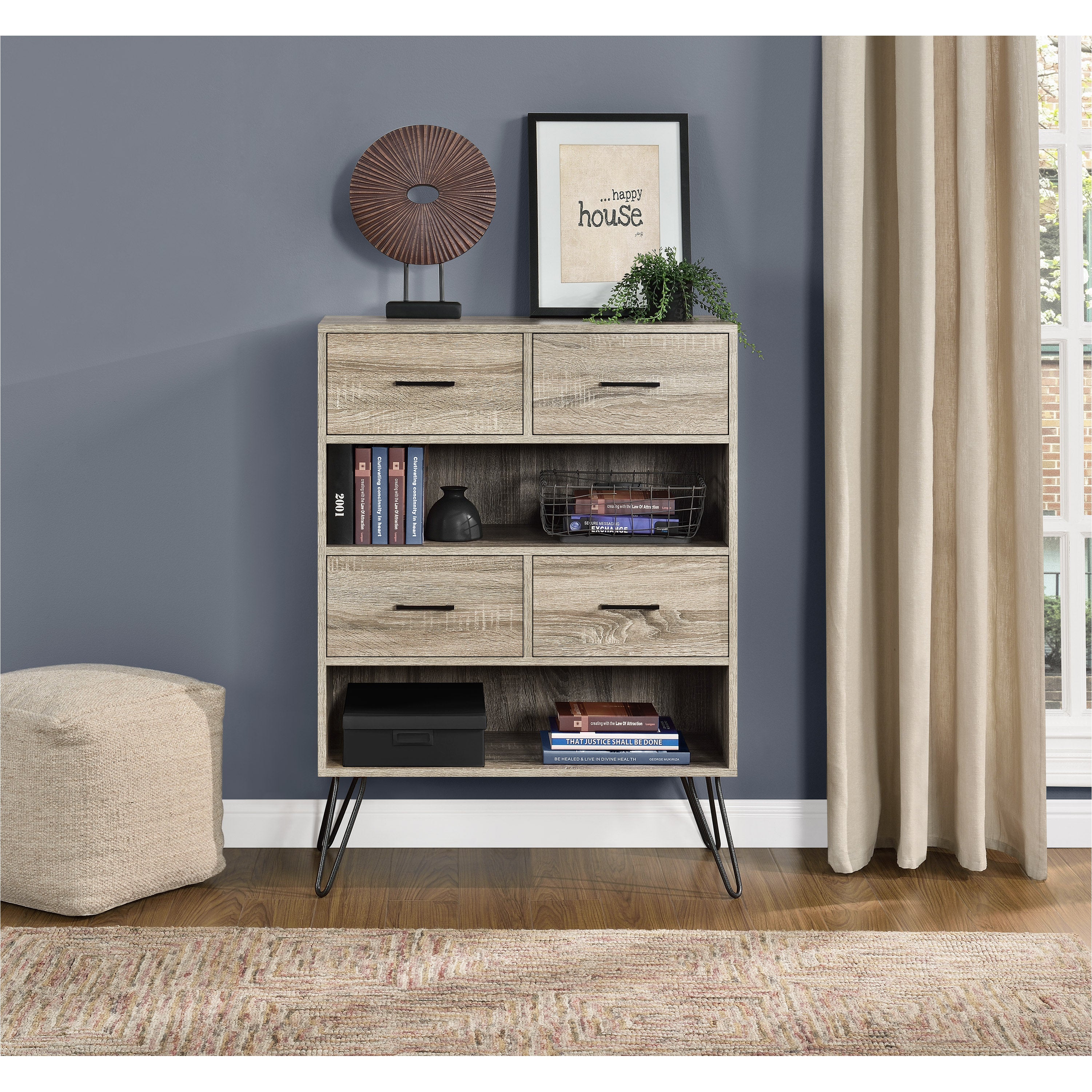 Dorel Home Landon Retro Bookcase With Bins Grey Oak FREE DELIVERY