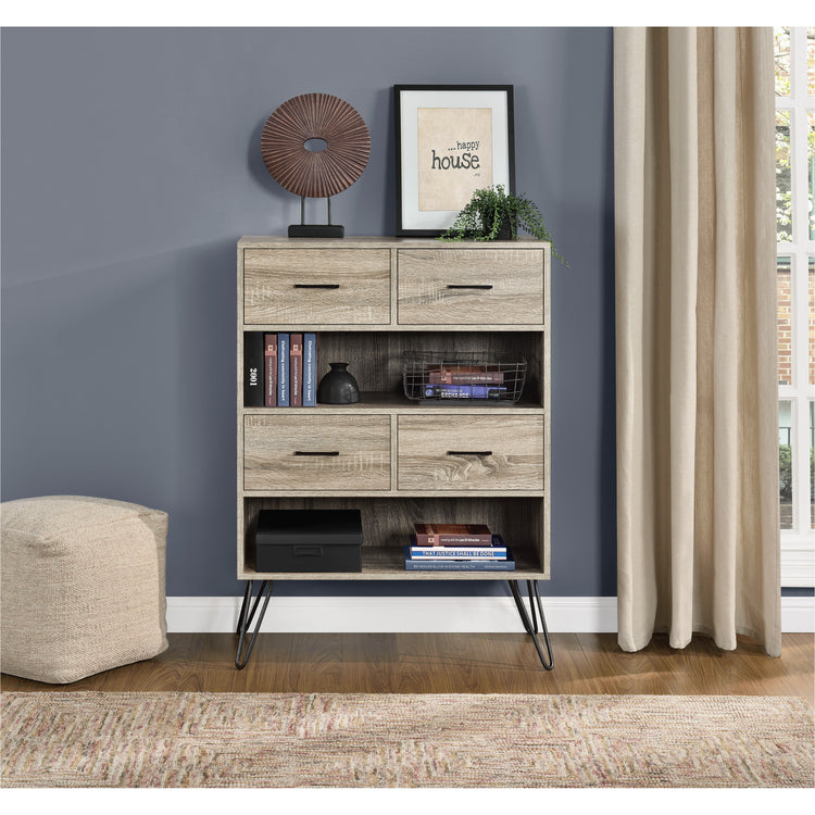Dorel Home Landon Retro Bookcase With Bins Grey Oak