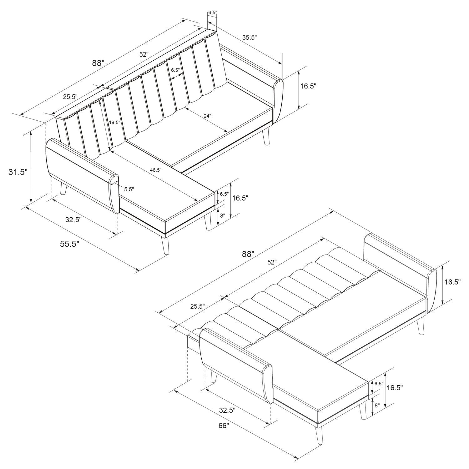 Dorel Home Brittany Sectional Sofa Bed Dimensions-Better Bed Company