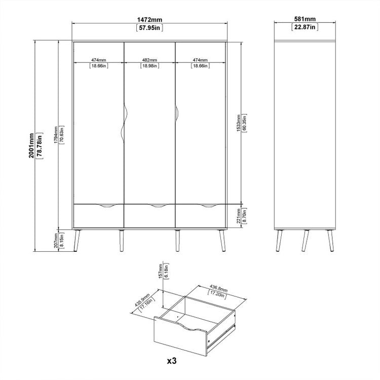 Furniture To Go Oslo Wardrobe 3 Doors 3 Drawers