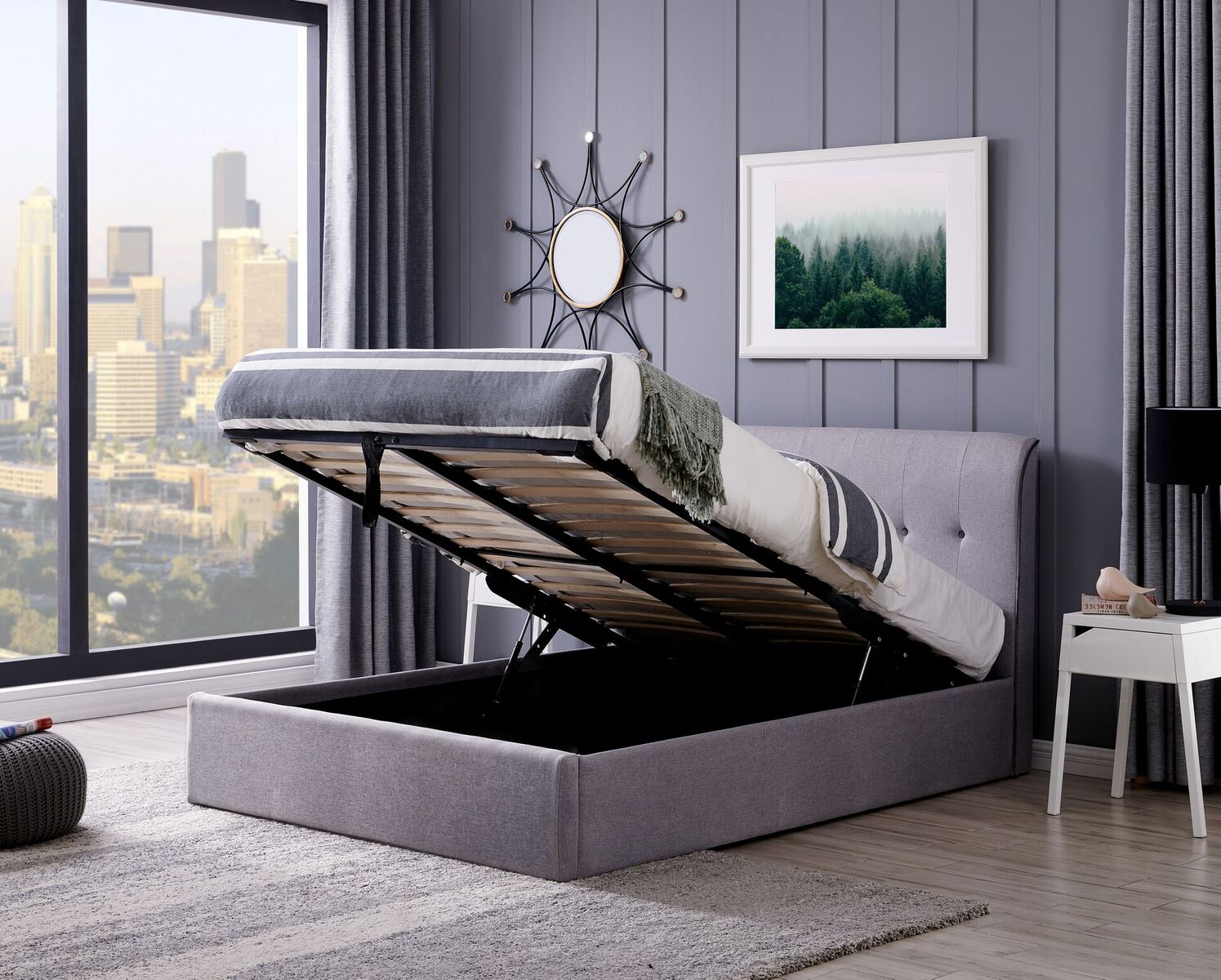 Grey linen ottoman deals bed