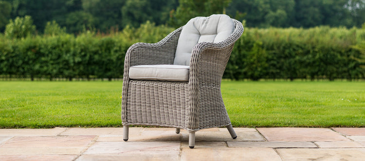 Maze Oxford 6 Seat Round Fire Pit Dining Set With Heritage Chairs And Lazy Susan