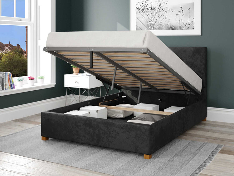 Better Peterborough Velvet Black Ottoman Bed Open-Better Bed Company