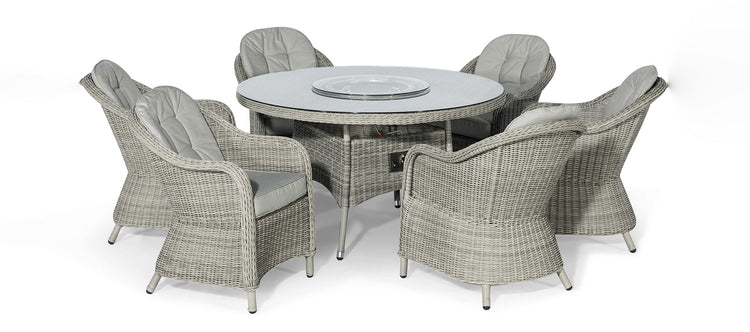 Maze Oxford 6 Seat Round Fire Pit Dining Set With Heritage Chairs And Lazy Susan