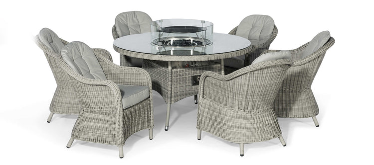 Maze Oxford 6 Seat Round Fire Pit Dining Set With Heritage Chairs And Lazy Susan
