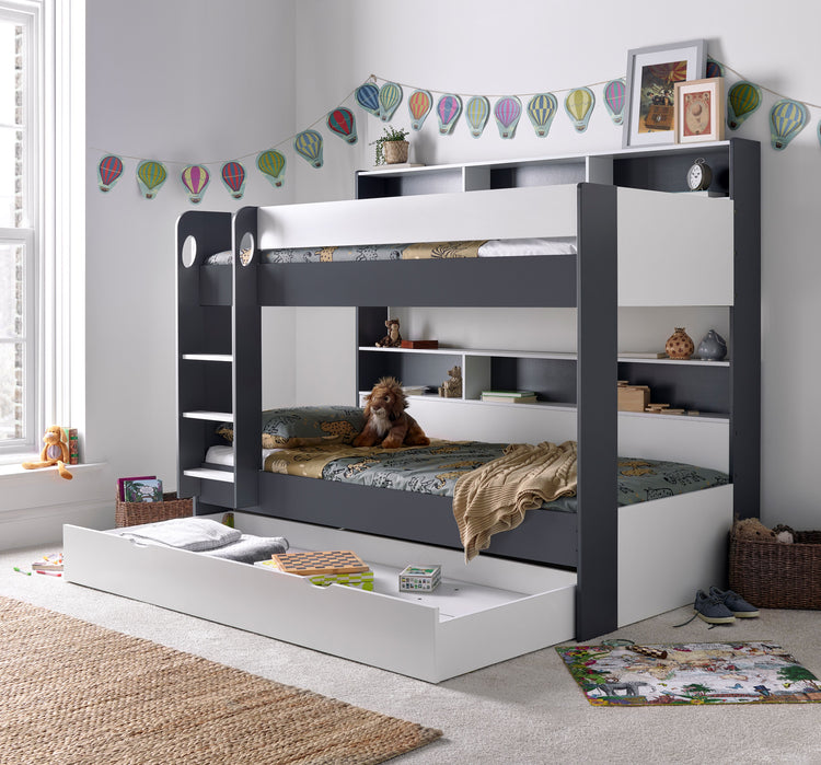 Oliver Bunk Bed With 2 Mattresses Bundle Grey And White With Drawer Open-Better Bed Company