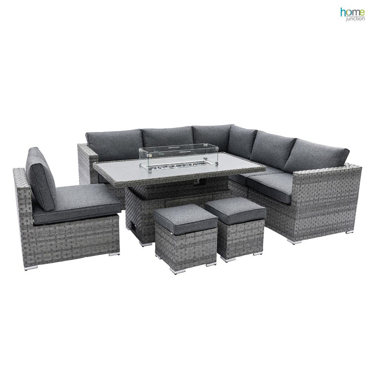 Home Junction Olympus Corner Sofa with Rising Coffee to Dining Firepit Table and Stools