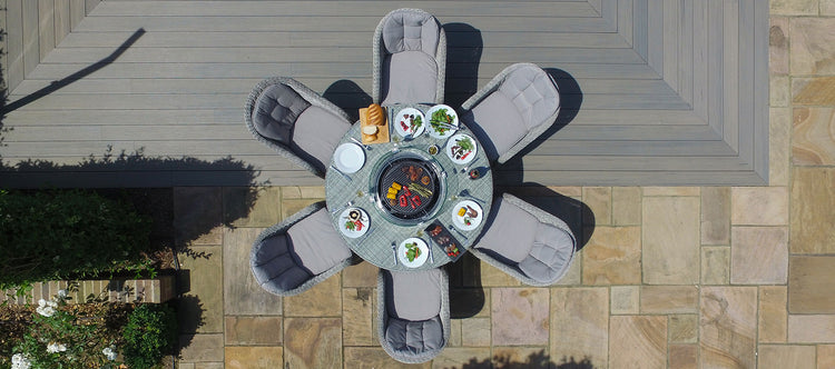 Maze Oxford 6 Seat Round Fire Pit Dining Set With Heritage Chairs And Lazy Susan