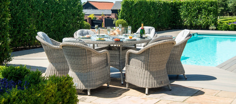 Maze Oxford 6 Seat Round Fire Pit Dining Set With Heritage Chairs And Lazy Susan