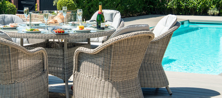 Maze Oxford 6 Seat Round Fire Pit Dining Set With Heritage Chairs And Lazy Susan