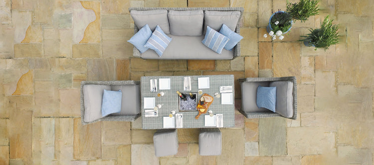 Maze Rattan Oxford Sofa Dining Set with Ice Bucket And Rising Table Birds Eye-Better Bed Company