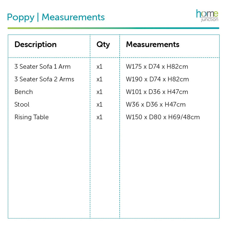 Home Junction Poppy Corner Sofa with Rising Table, Bench and Stool