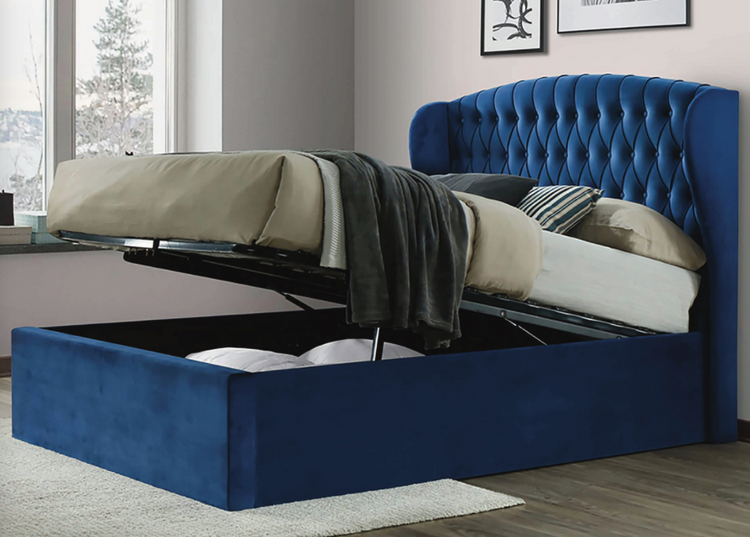 Bedmaster Warwick Wing Velvet Ottoman Bed Blue Open-Better Bed Company