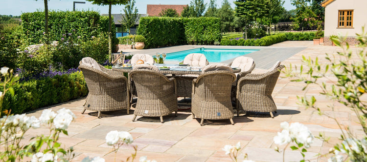 Maze Winchester 8 Seat Oval Fire Pit Dining Set With Heritage Chairs