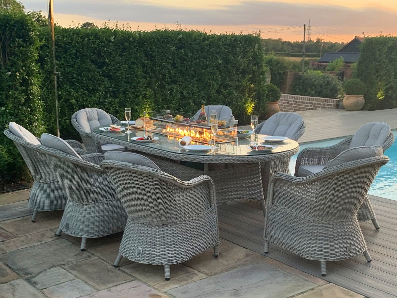 Maze Rattan Oxford Seat Oval Fire Pit Dining Set with Heritage Chairs FREE DELIVERY