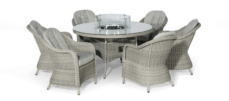 Maze Oxford 6 Seat Round Fire Pit Dining Set With Heritage Chairs And Lazy Susan