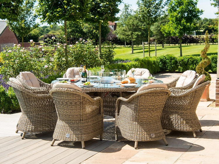 Maze Rattan Winchester 8 Seat Round Fire Pit Dining Set with Heritage Chairs and Lazy Susan