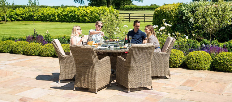 Maze Rattan Winchester 6 Seat Round Fire Pit Dining Set With Heritage Chairs And Lazy Susan