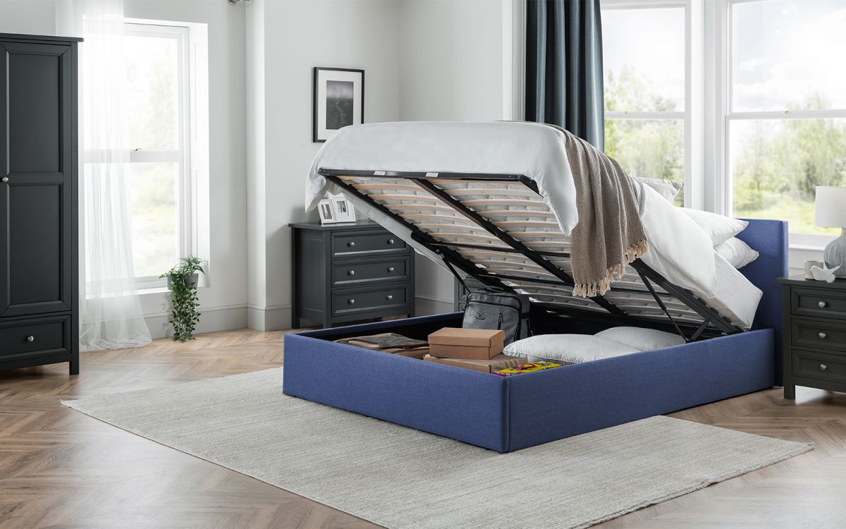 Julian Bowen Rialto Lift up Storage Bed Frame Dark Blue Open In Bedroom-Better Bed Company