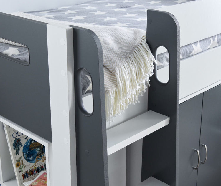 Bedmaster Lacy Midsleeper Bed Grey and White Handles On Ladder-Better Bed Company