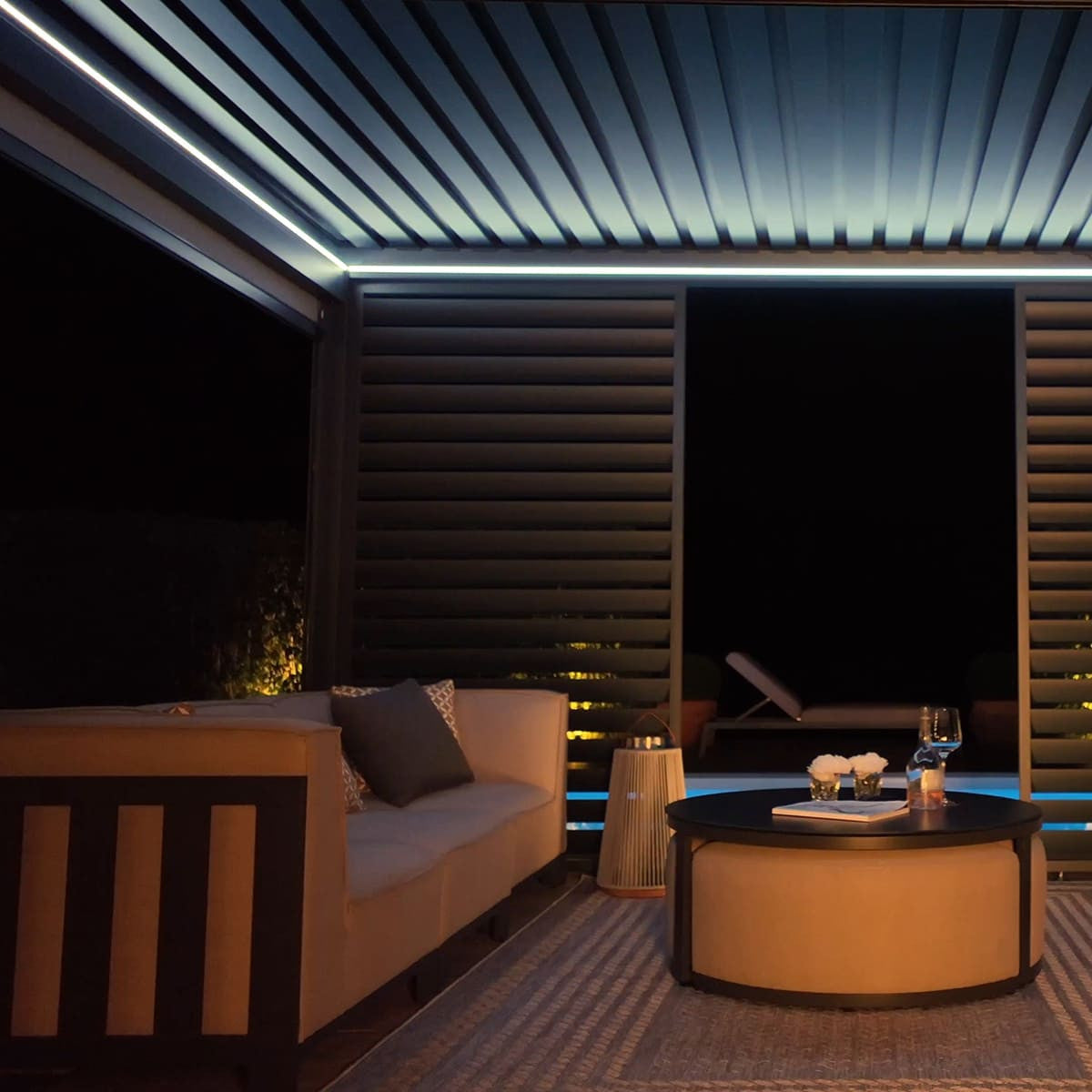 Maze Eden Pergola Aluminium Rectangular 3Mx4M Light Blue Lights On-Better Bed Company