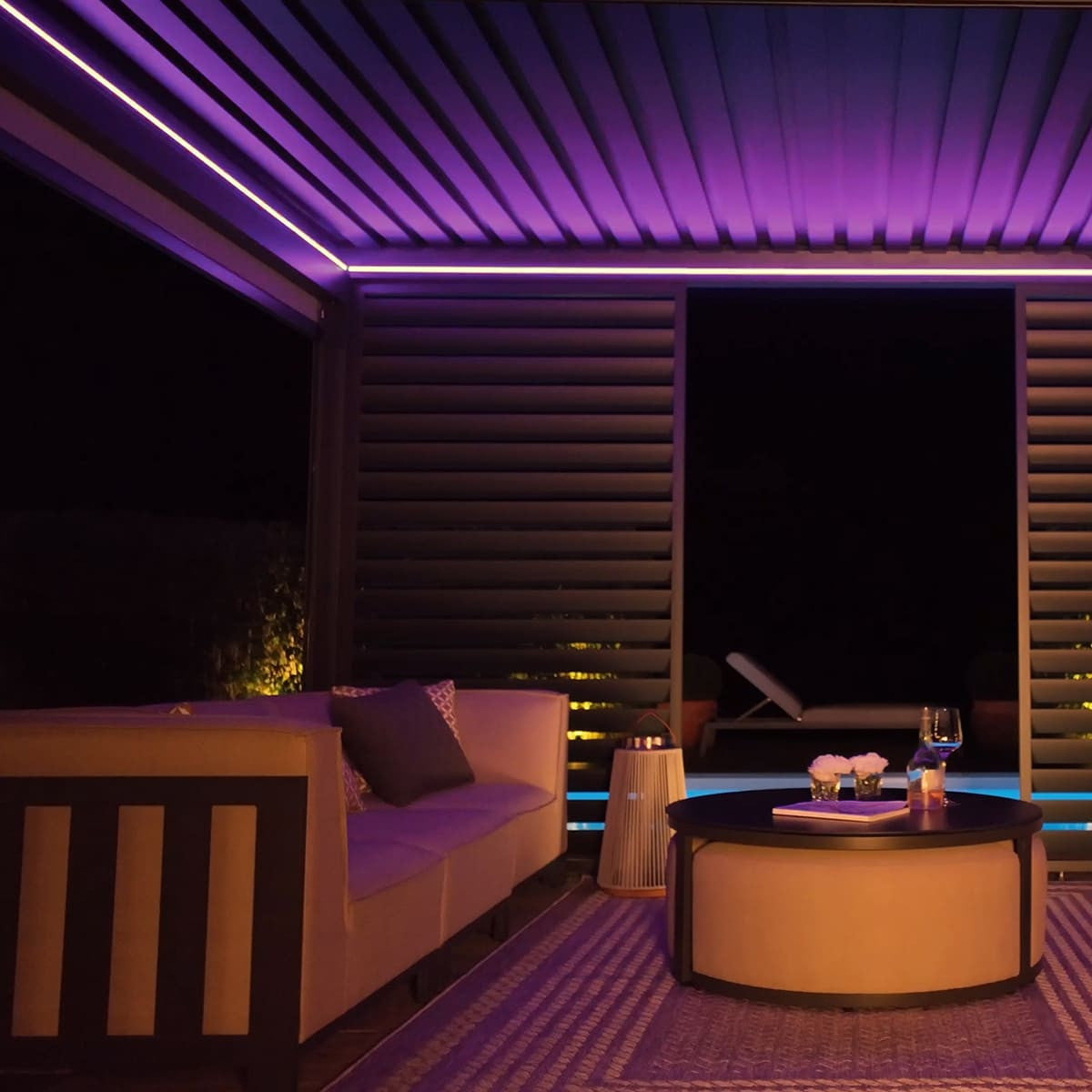 Maze Eden Pergola Aluminium Rectangular 30x40 / Louvre Wall 4m / 3x Blinds Dark Purple Lights On-Better Bed Company