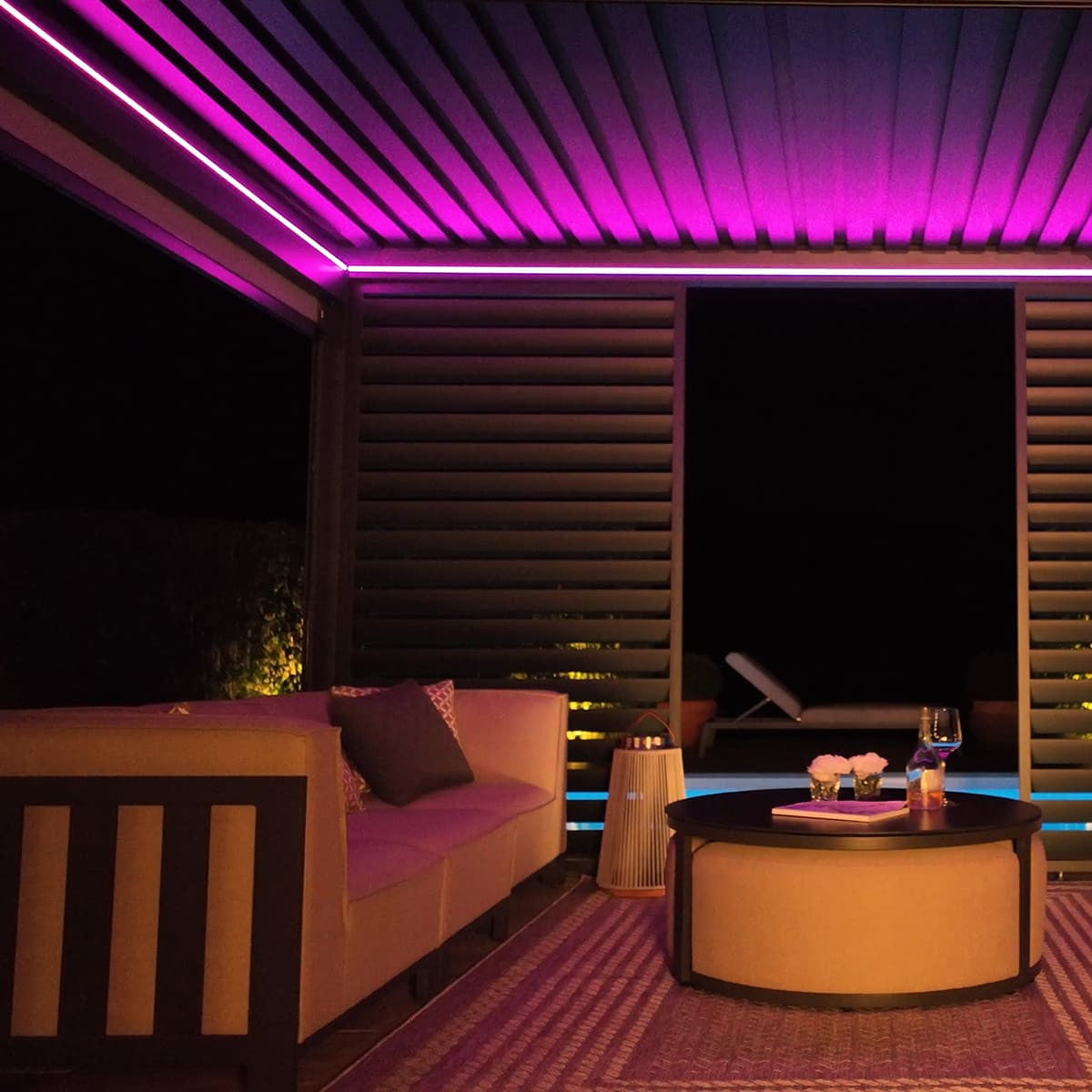 Maze Eden Pergola Aluminium Rectangular 30x40 / Louvre Wall 4m / 3x Blinds Purple Lights On-Better Bed Company