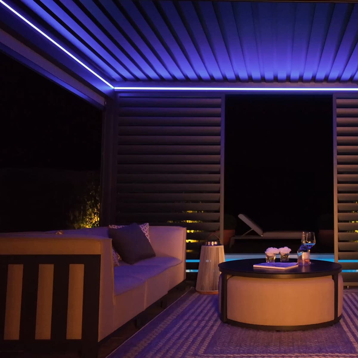 Maze Eden Pergola Aluminium Rectangular 30x40 / Louvre Wall 4m / 3x Blinds Blue Lights On-Better Bed Company