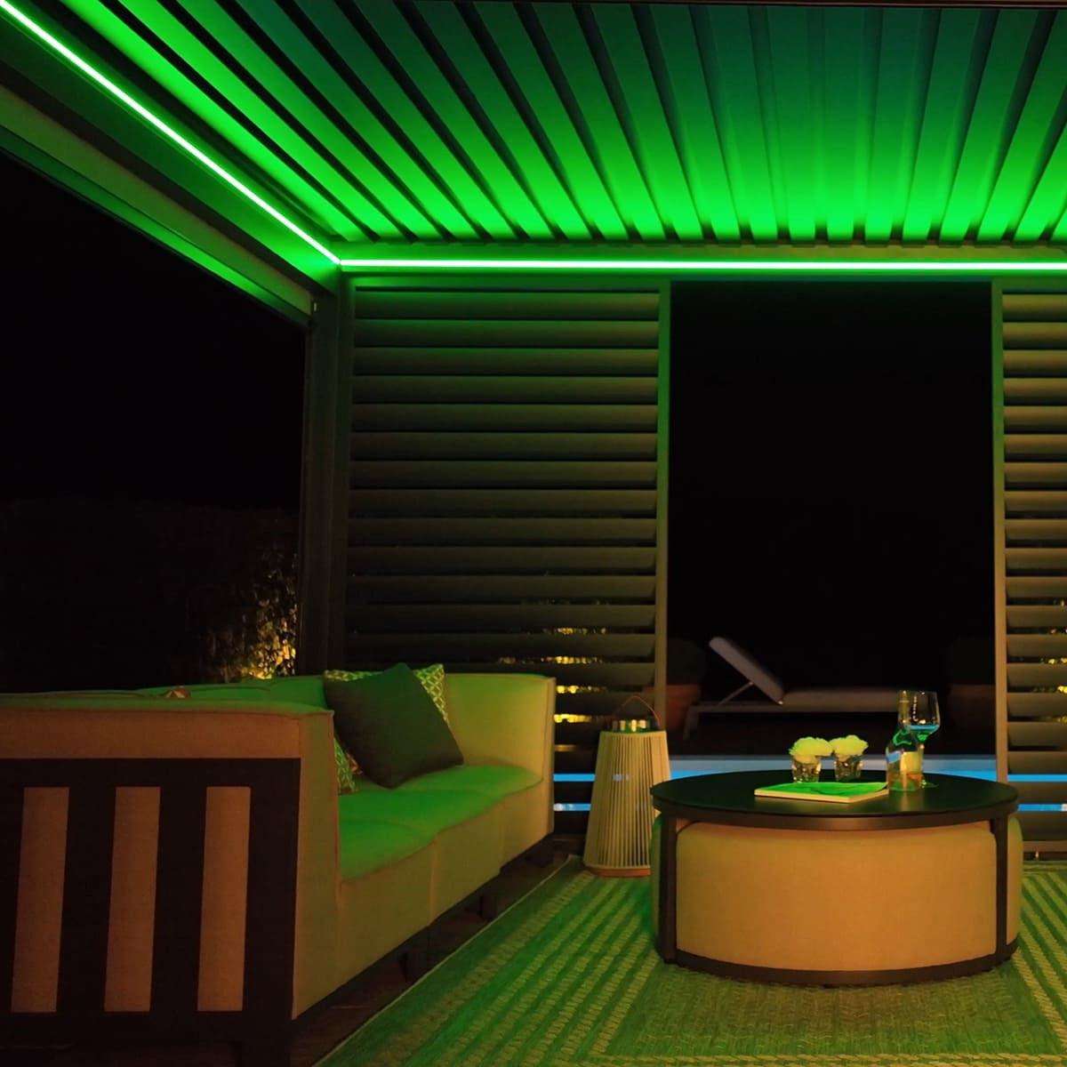 Maze Eden Pergola Aluminium Rectangular 30x40 / Louvre Wall 4m / 3x Blinds Green Lights On-Better Bed Company