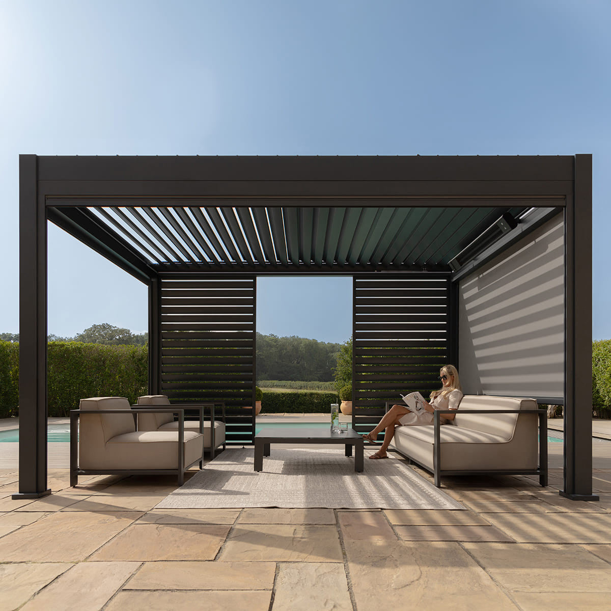 Maze Eden Pergola Aluminium Rectangular 30x40 / Louvre Wall 4m / 3x Blinds With Blinds Down-Better Bed Company