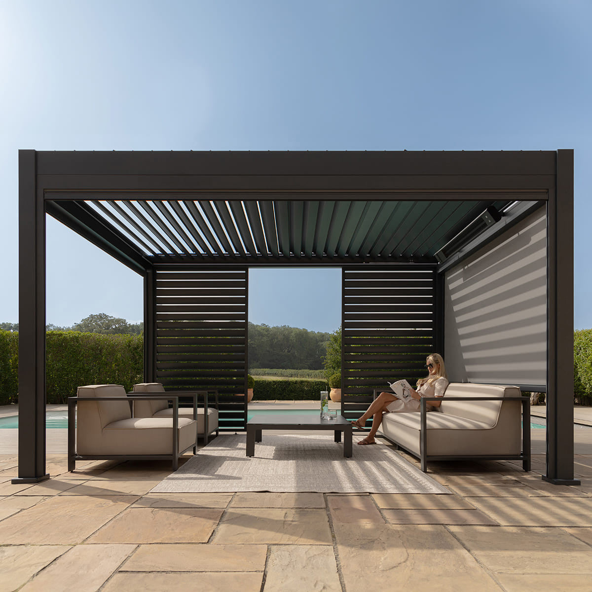 Maze Eden Pergola Aluminium Rectangular 4Mx4M Frame Only From Front With Blind Down-Better Bed Company