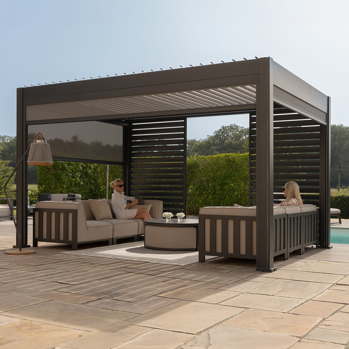 Maze Eden Pergola Aluminium Rectangular 30x40 / Louvre Wall 4m / 3x Blinds From Another View-Better Bed Company