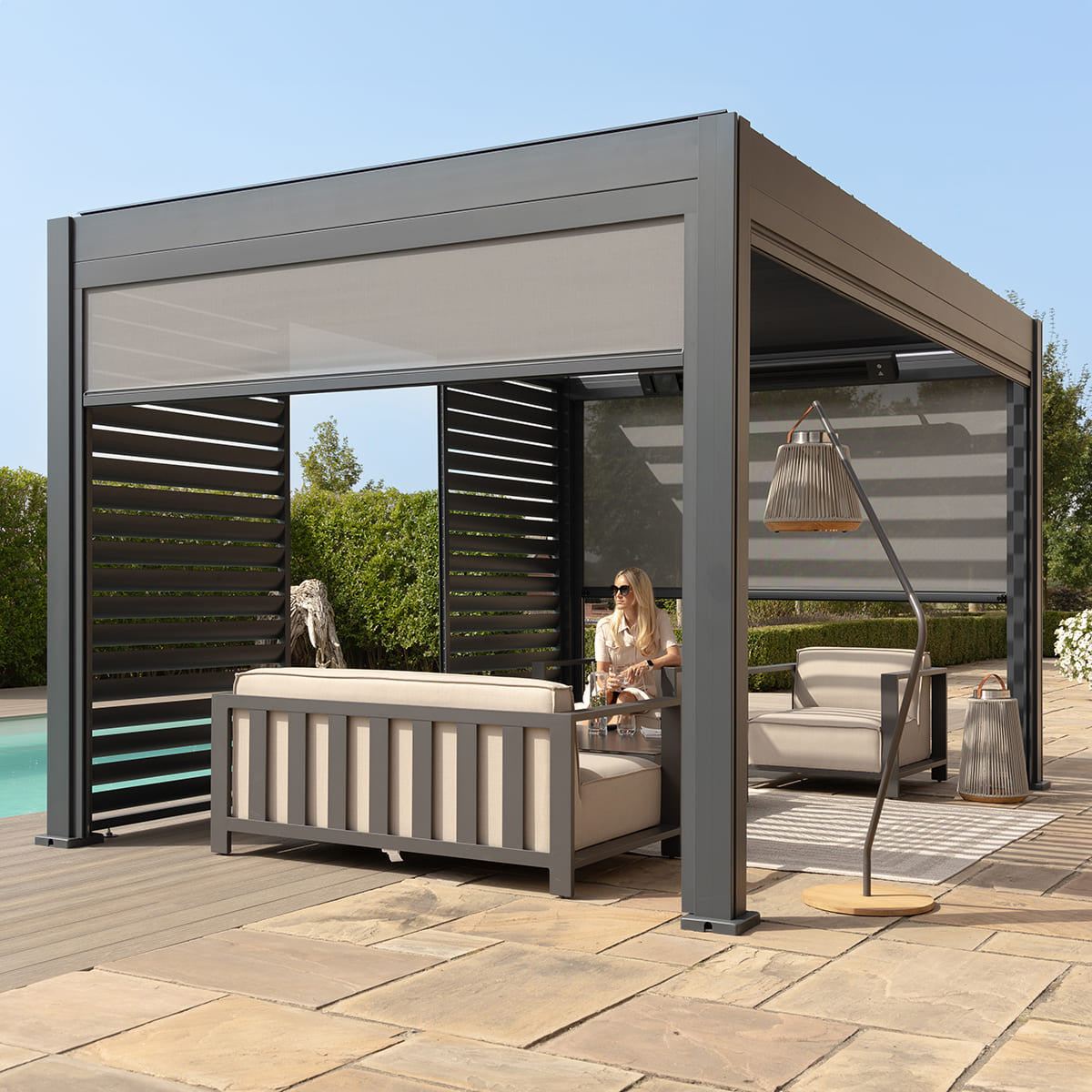 Maze Eden Pergola Aluminium Rectangular 3Mx4M Blinds Down Slightly-Better Bed Company