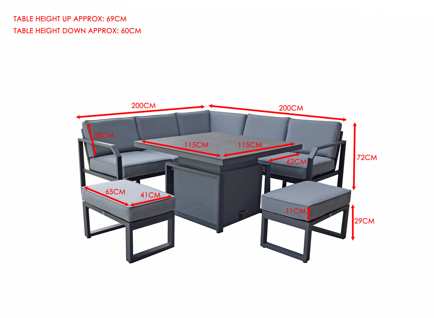 Signature Weave Alarna Small Square Corner Sofa With Gas Lift Table and 2 Benches Dimensions-Better Bed Company