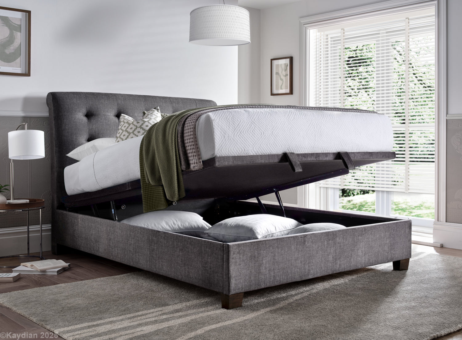Kaydian Ashbrooke Vogue Grey Ottoman Bed-Side Part Open-Better Bed Company